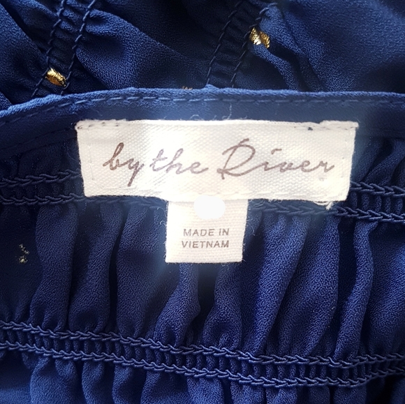 BY THE RIVER Blue & Gold Polkadot V-Neck Tiered Midi Dress - Picture 7 of 13